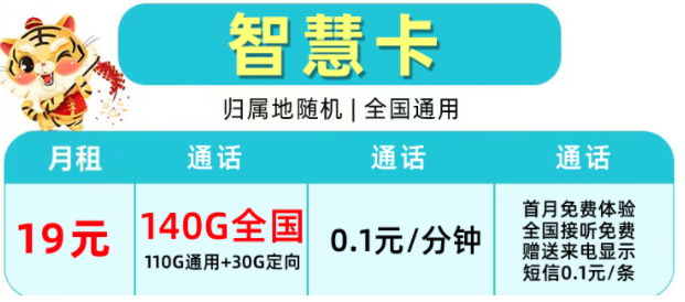 移動純流量上網(wǎng)智慧卡 19元/月140G不限速+0.1元/分鐘 首月免費