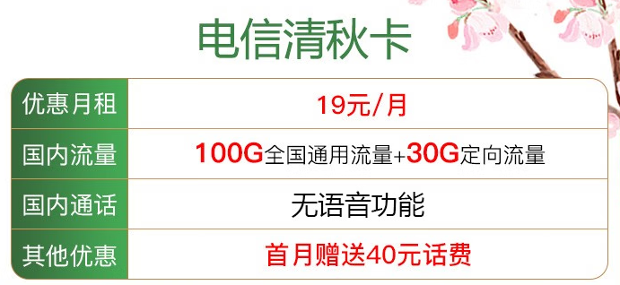 5G清秋卡19元130G國內(nèi)流量 純流量卡 贈送40元話費 當月有效