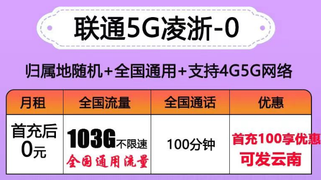 聯(lián)通有沒有0元的流量卡套餐？聯(lián)通5G凌浙卡0元享103G通用+100分語音|5G浙伏卡、風雪卡
